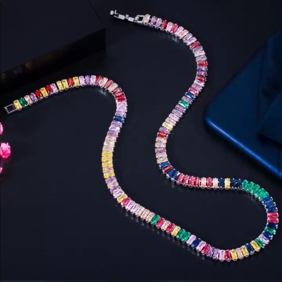 COPY - Pave Multiple Rainbow Rectangle Baguette Chain Link Gold Silver Chocker … - Picture 6 of 9